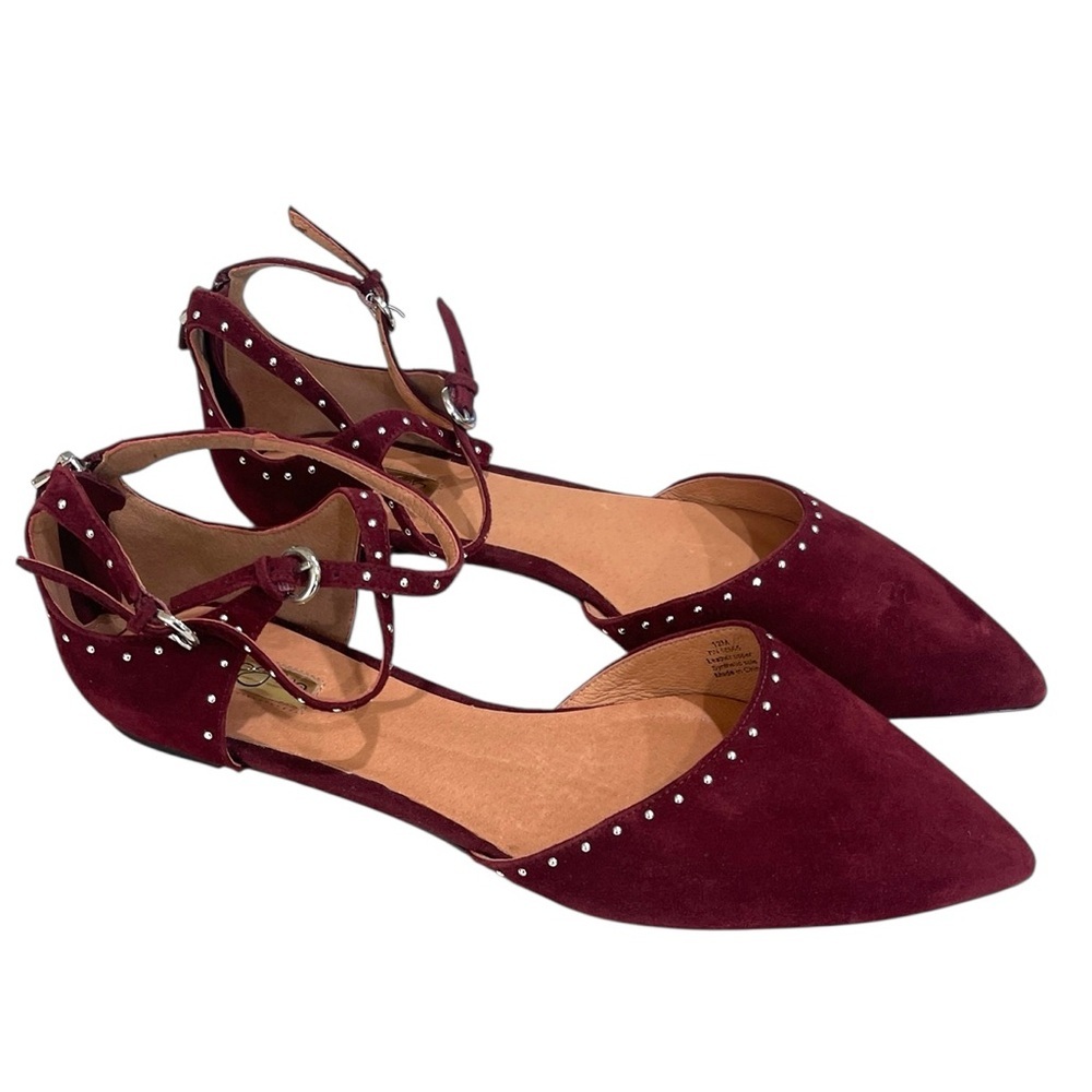Halogen Olson Studded Cross Ankle Strap Suede Point Toe Flats SZ 12 Burgundy